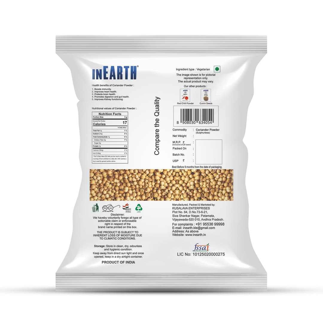 INEARTH Coriander Powder pack, back with nutrition facts and storage details