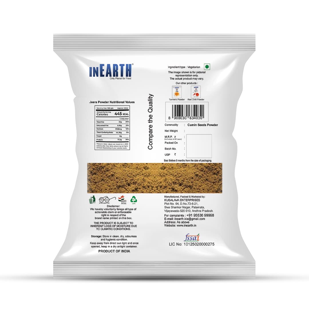 INEARTH Cumin Seeds Powder pack, back with nutrition facts and storage details