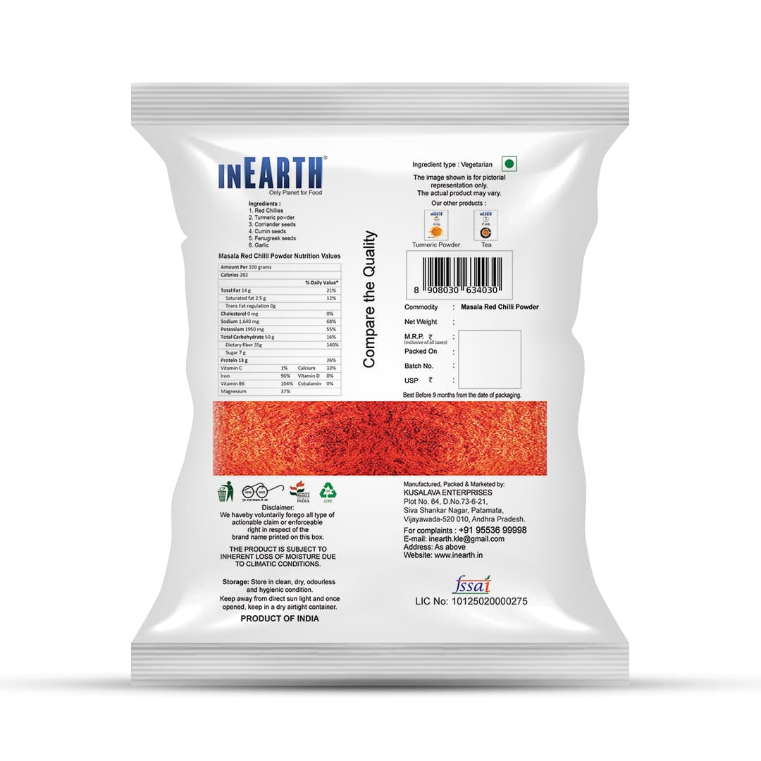 INEARTH Masala Red Chilli Powder pack, back with nutrition facts and storage details