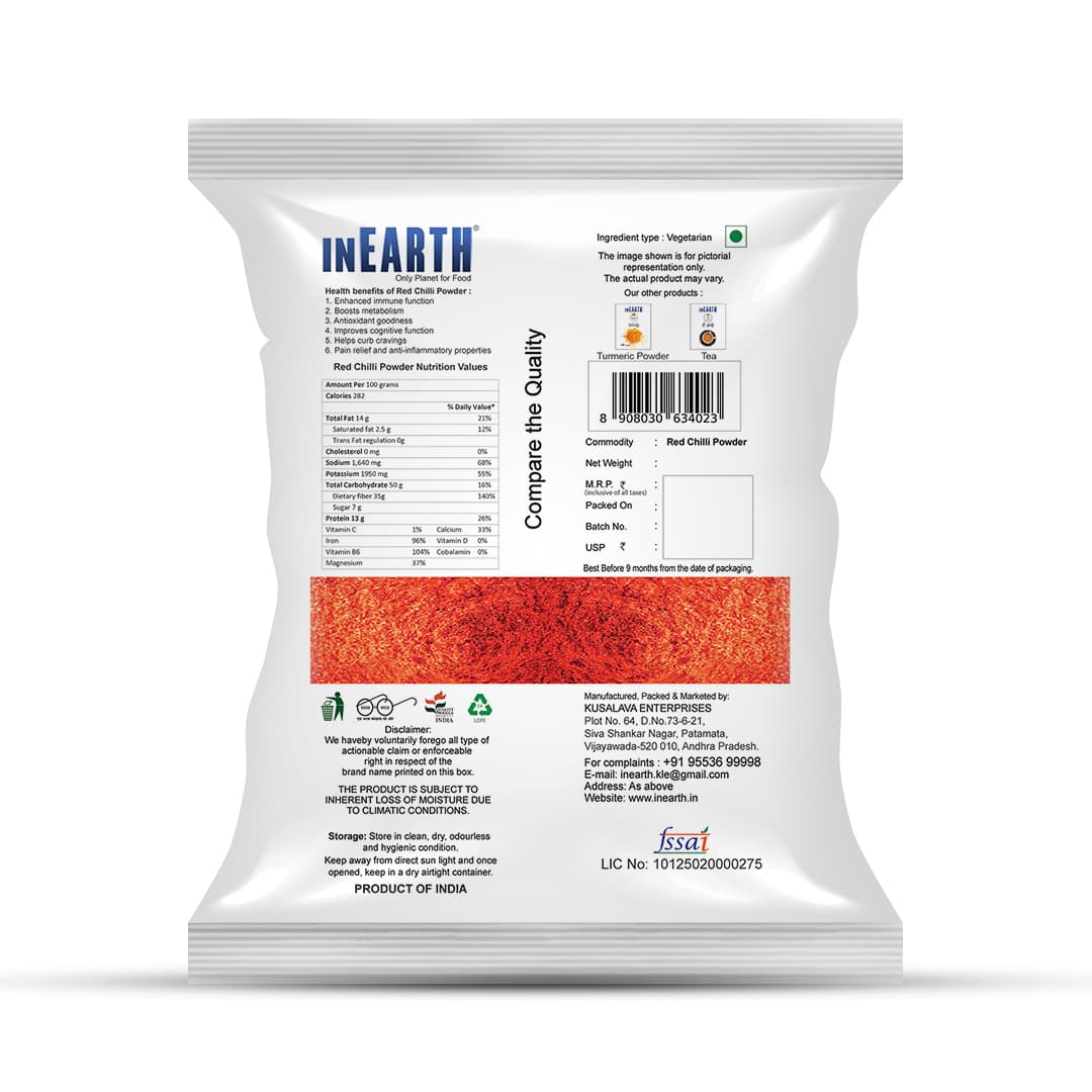 INEARTH Red Chilli Powder pack, back with nutrition facts and storage details
