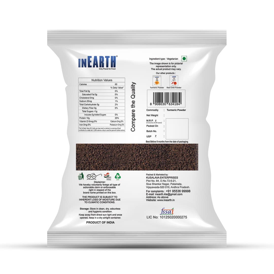INEARTH Tea Powder pack, back with nutrition facts and storage details