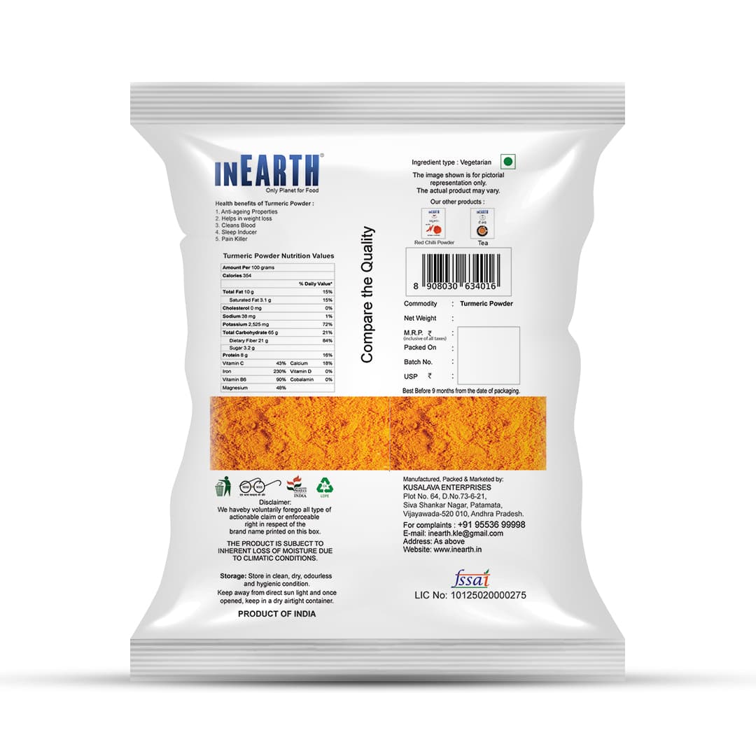 INEARTH Turmeric Powder pack, back with nutrition facts and storage details
